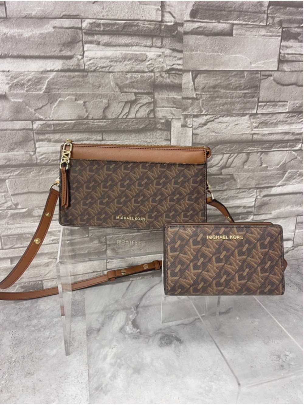 Michael Kors Brown Monogram Crossbody with Matching Wallet